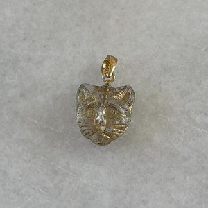 Solid 14K Yellow Gold Vintage Crystal Glass Cat Good Luck Necklace Pendant Charm